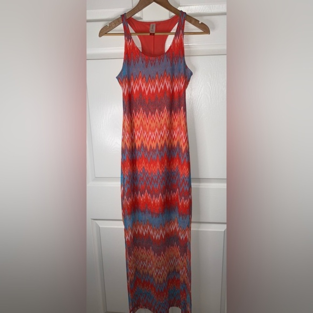 No Boundaries Orange and Blue Zigzag Sleeveless Maxi Dress, Bohemian